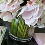 Hydrangea, Rose, Hellebore & Viburnum in a Stem Lined Cylinder (Pink)