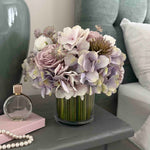Faux Hydrangea, Rose & Ranunculus in a Stem Lined Cylinder