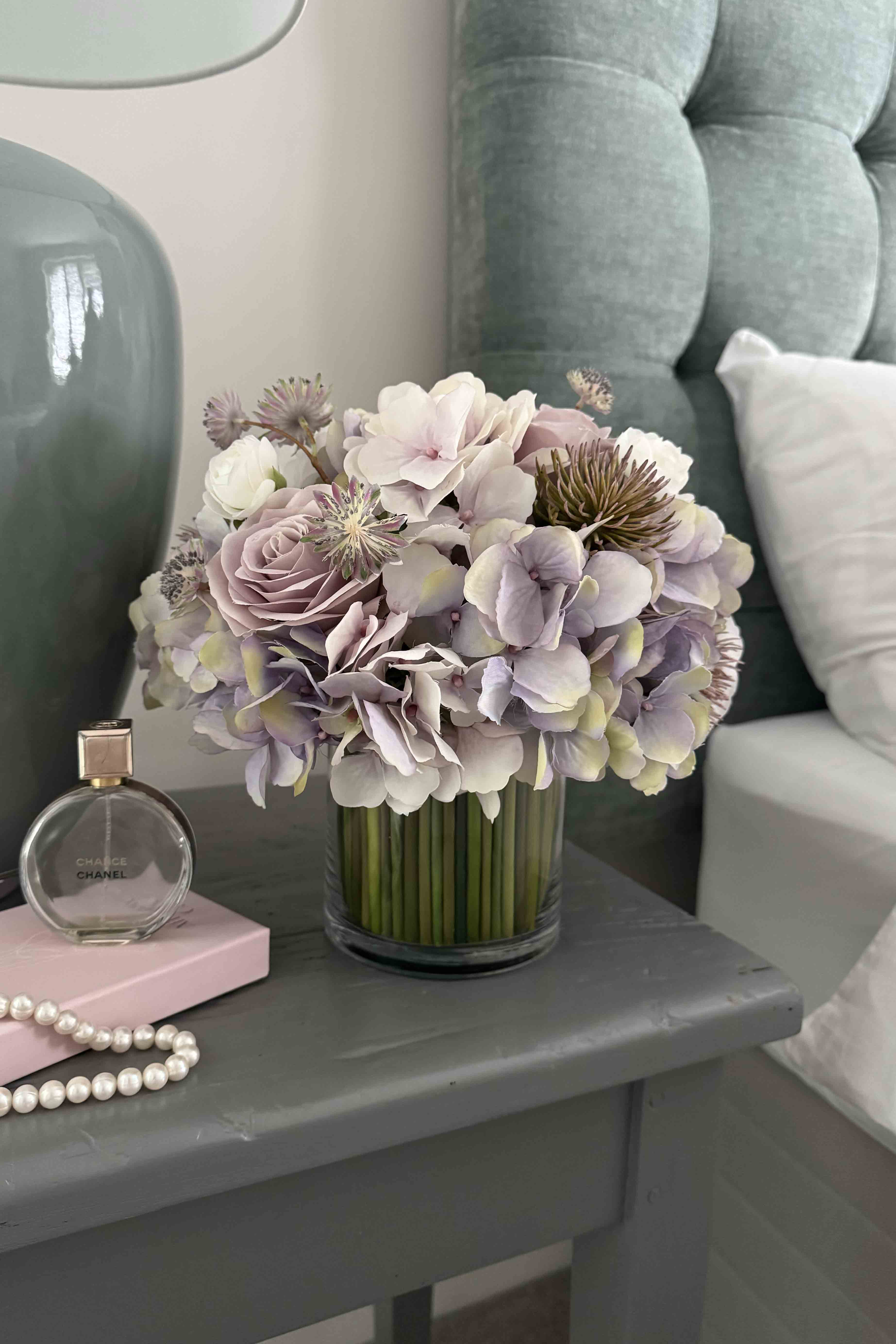 Faux Hydrangea, Rose & Ranunculus in a Stem Lined Cylinder
