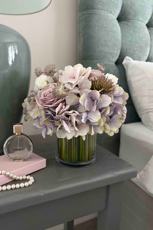 Faux Hydrangea, Rose & Ranunculus in a Stem Lined Cylinder
