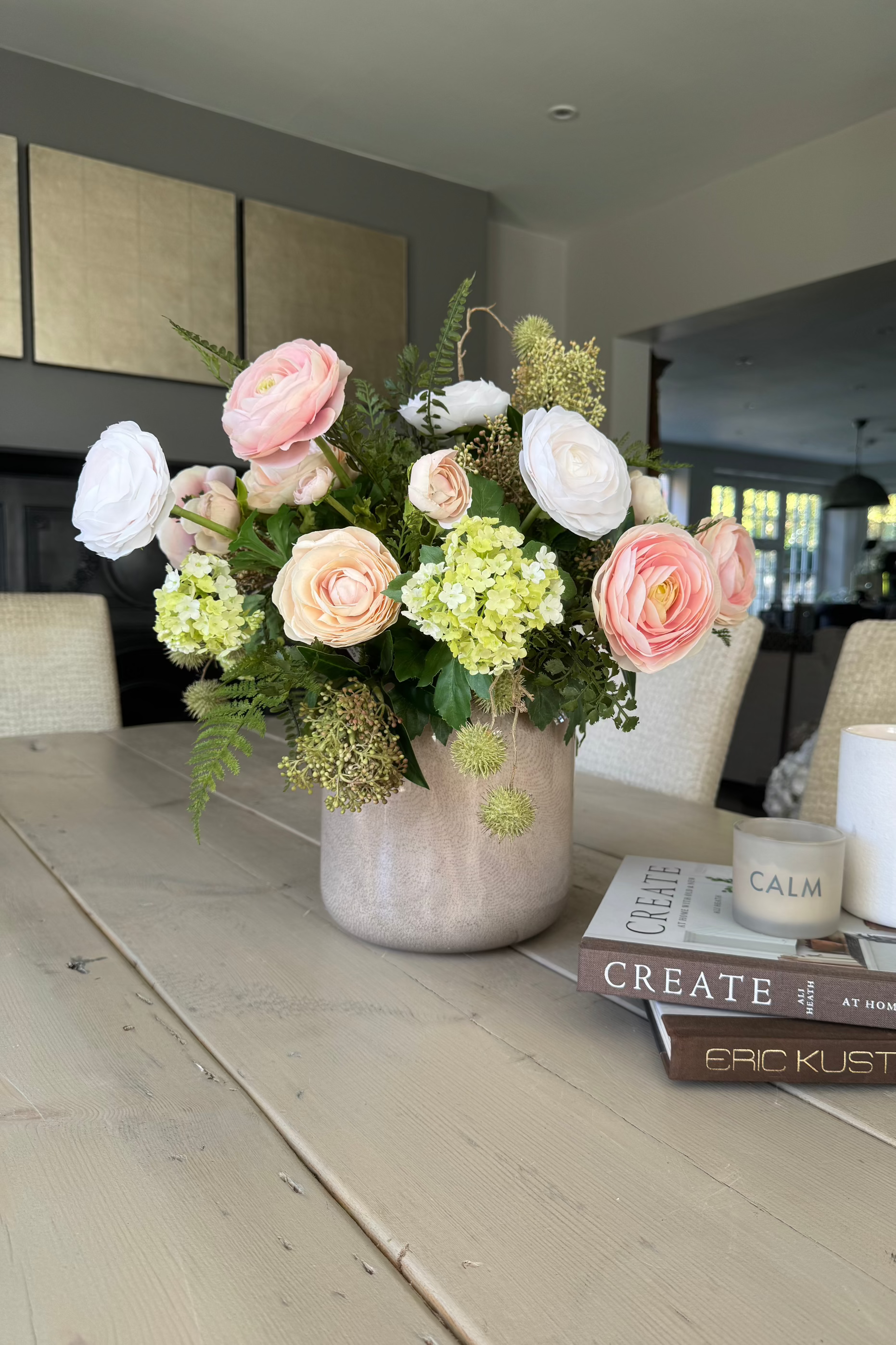 Ranunculus, Viburnum and Skimmia in a Taupe Glass Vase RTfact Flowers 