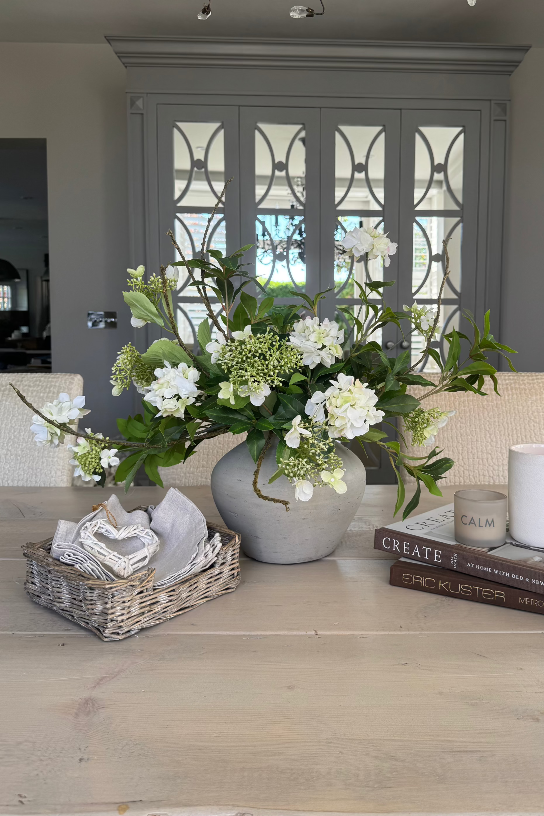 Bucida, Hydrangea Spray and Viburnum in a Light Grey Terracotta Vase RTfact Flowers 
