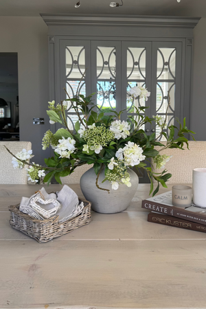 Bucida, Hydrangea Spray and Viburnum in a Light Grey Terracotta Vase