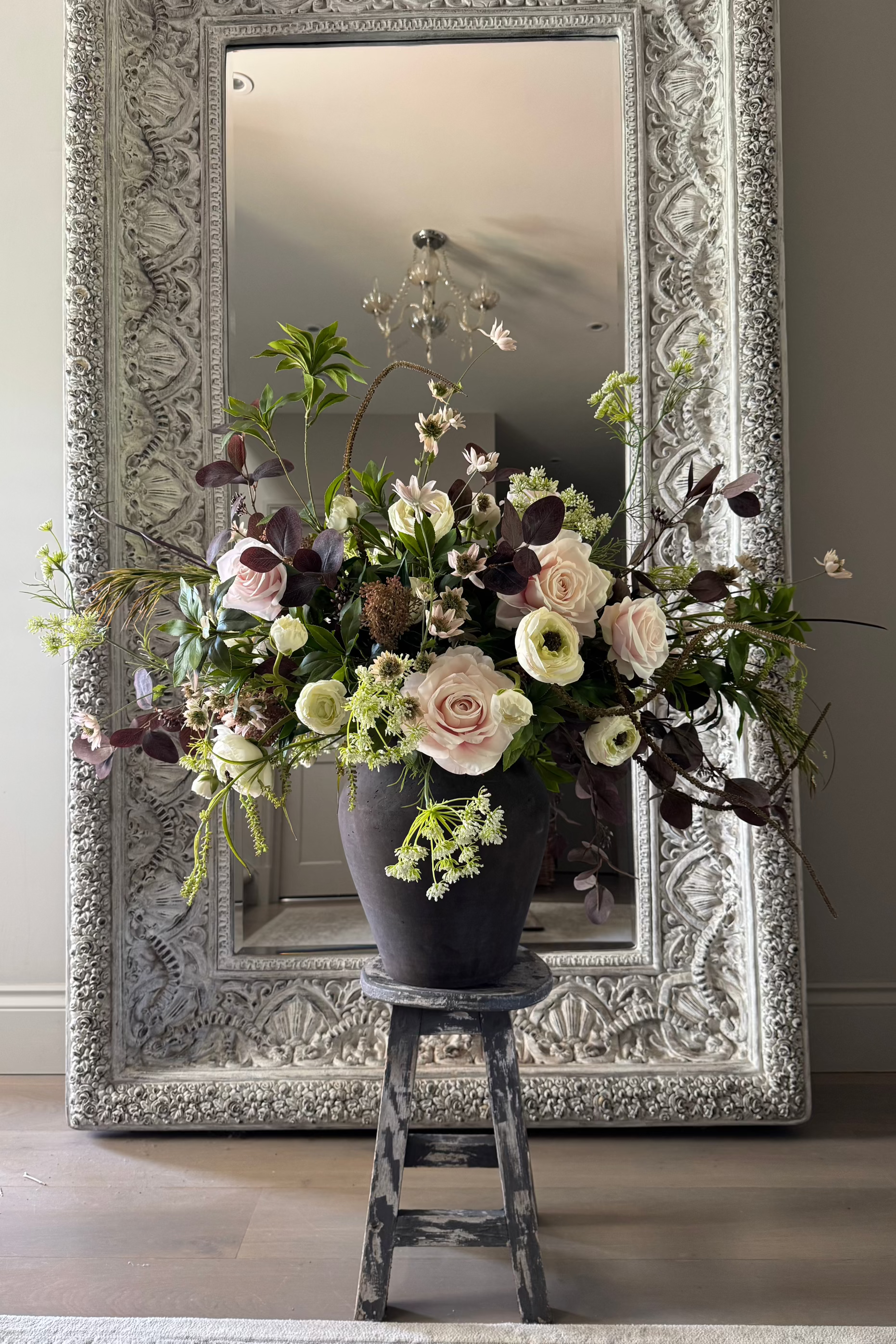 Ranunculus, Rose and Astrantia in a Rustic Brown Vase RTfact Flowers 