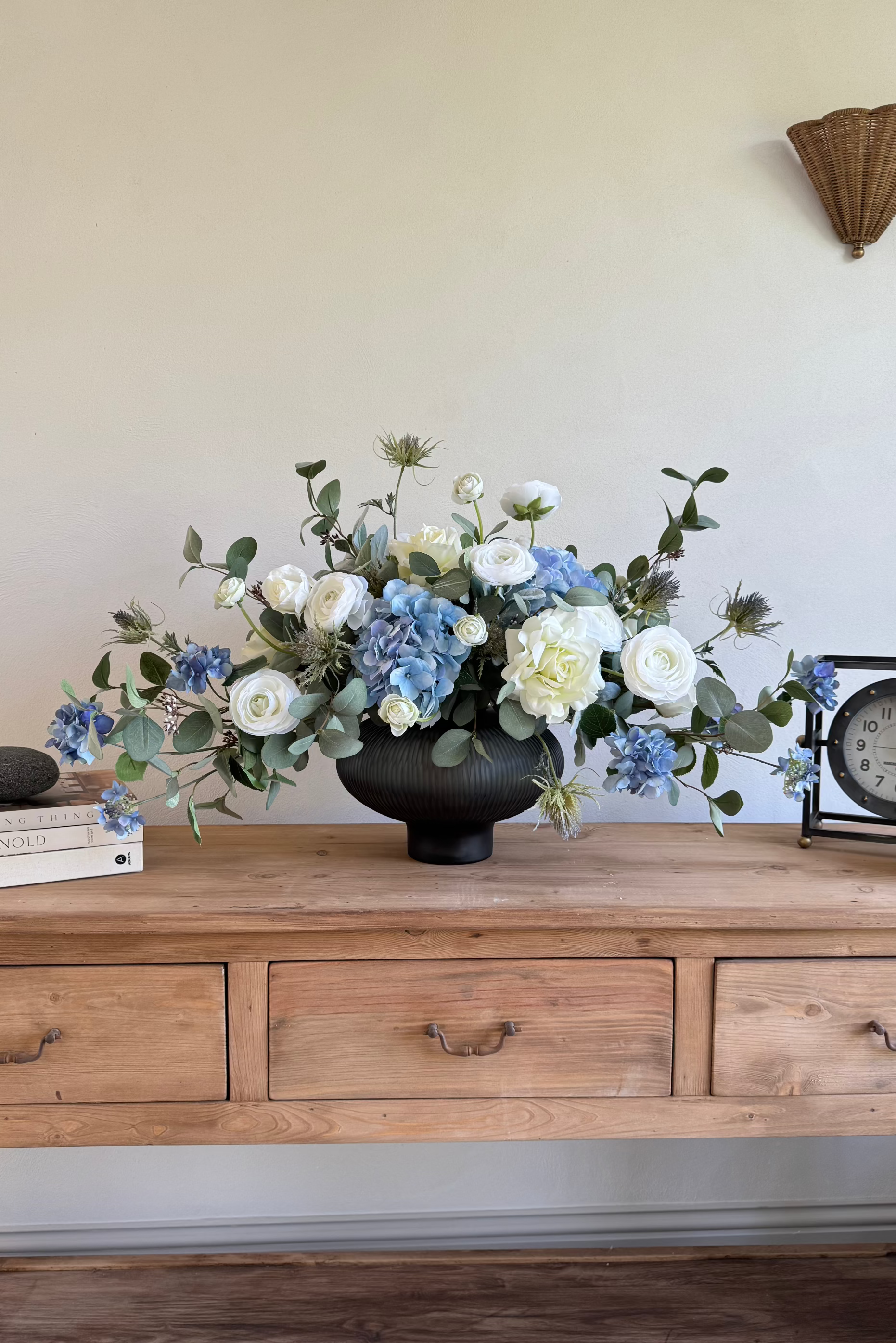 Rose, Ranunculus and Eucalyptus in a Grey Ridged Glass Vase RTfact Flowers 