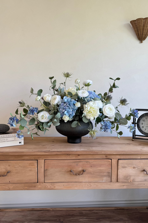 Rose, Ranunculus and Eucalyptus in a Grey Ridged Glass Vase