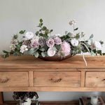 Faux Eucalyptus, Rose and Ranunculus in a Champagne Rose Boat 
