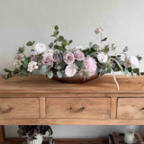 Faux Eucalyptus, Rose and Ranunculus in a Champagne Rose Boat 