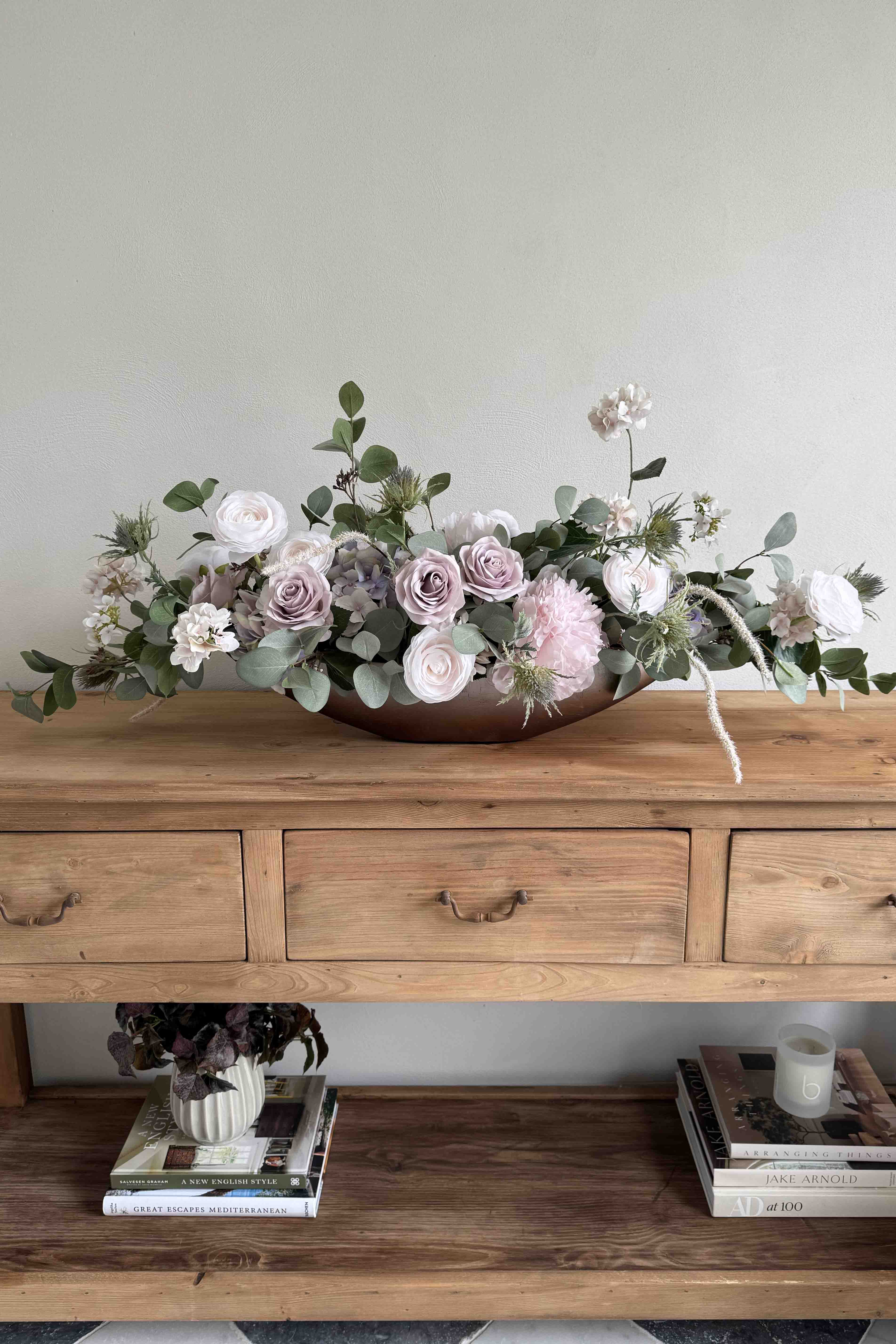 Faux Eucalyptus, Rose and Ranunculus in a Champagne Rose Boat 