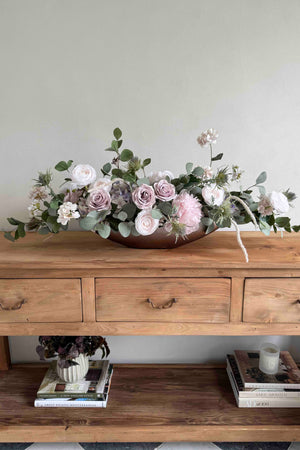 Faux Eucalyptus, Rose and Ranunculus in a Champagne Rose Boat 