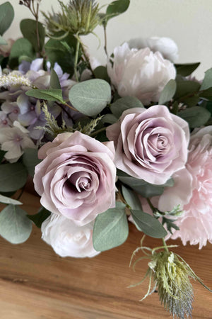 Eucalyptus, Rose and Ranunculus in a Champagne Rose Boat