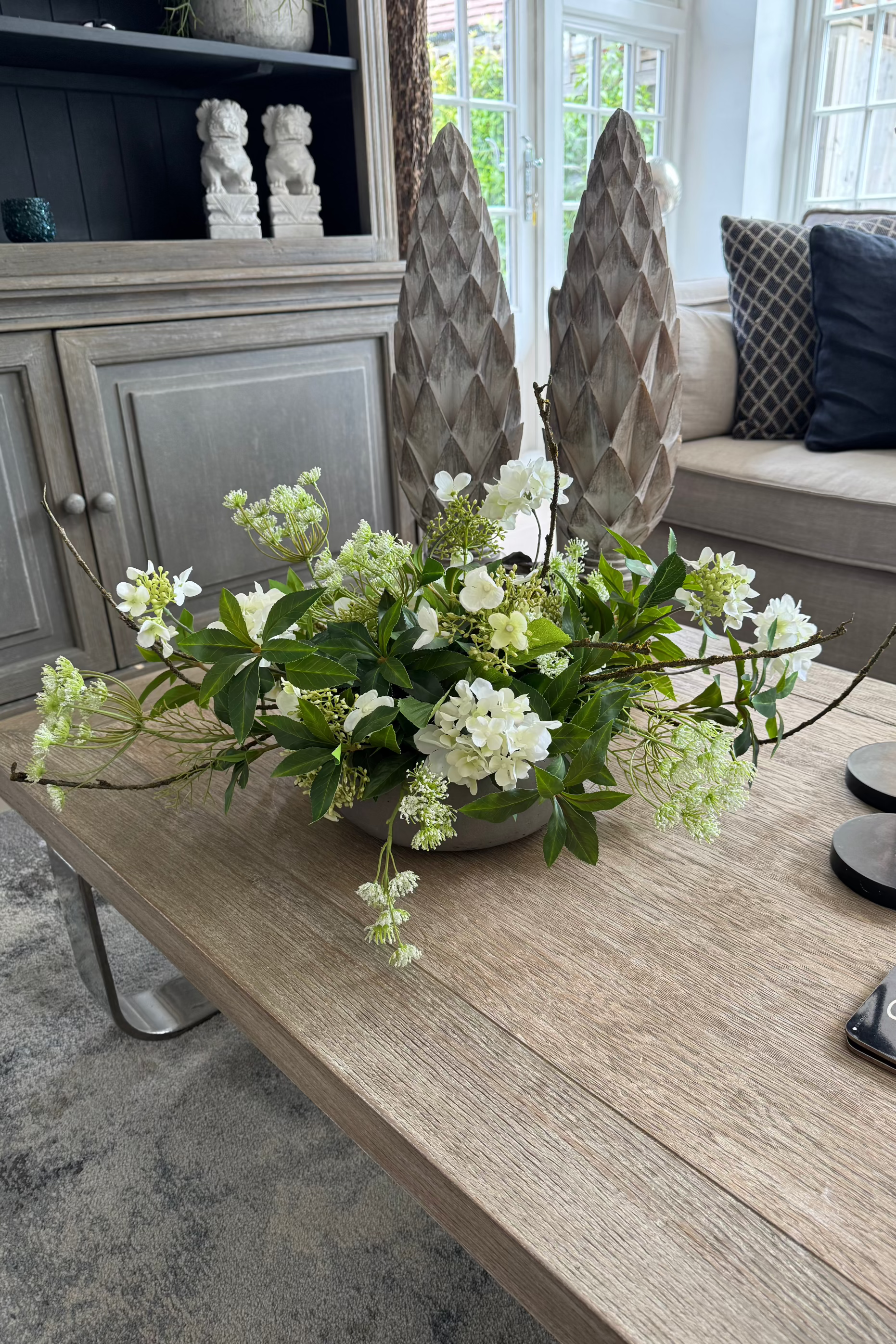 Bucida, Hydrangea Spray and Queen Anne's Lace in a Light Mocha Bowl RTfact Flowers 