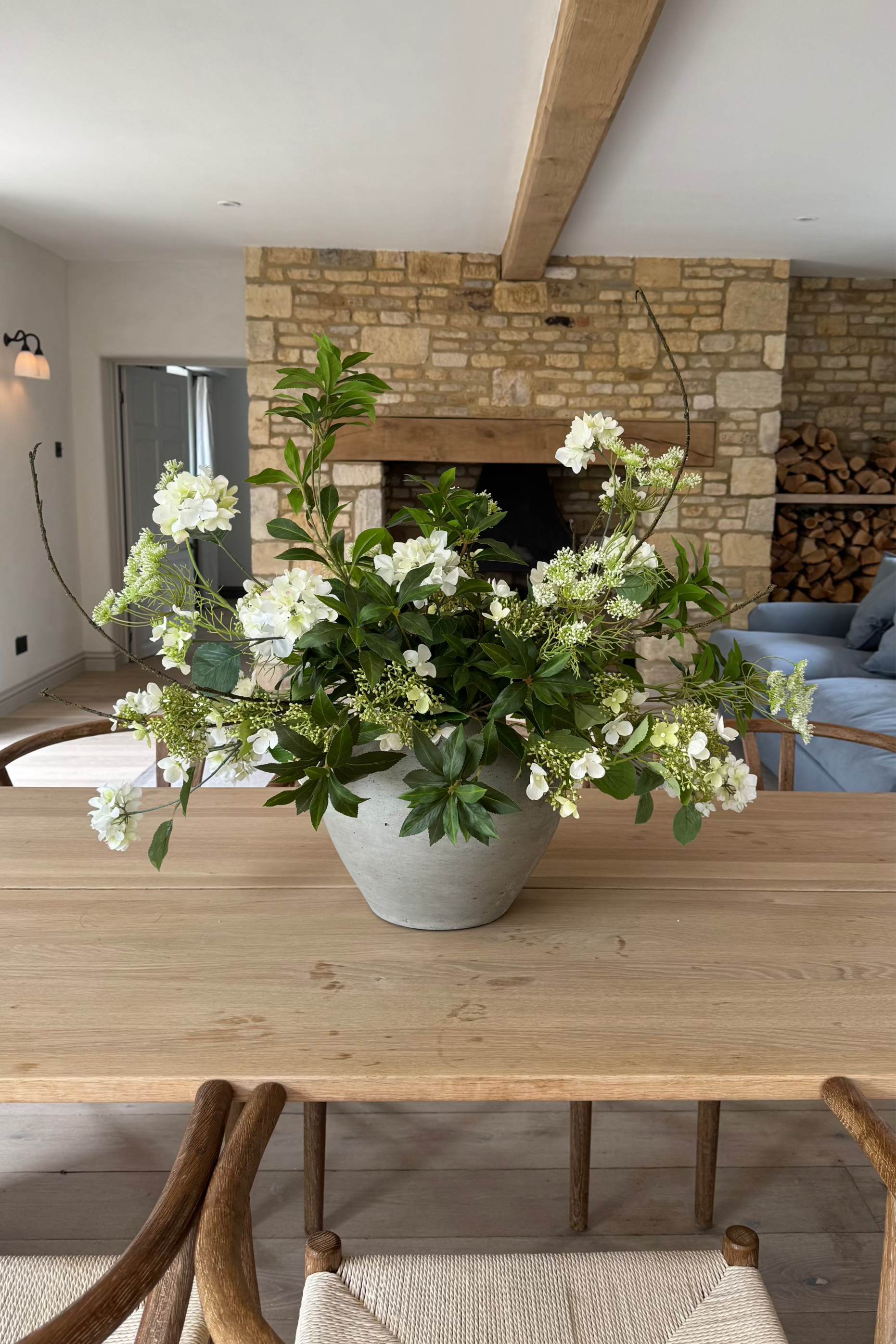 Bucida, Hydrangea Spray and Viburnum in a Light Grey Terracotta Vase RTfact Flowers 