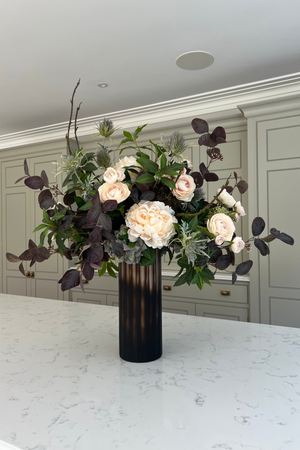 Ranunculus, Hydrangea and Eucalyptus in a Dark Brown Frosted Glass Vase RTfact Flowers 