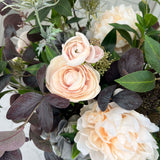 Ranunculus, Hydrangea and Eucalyptus in a Dark Brown Frosted Glass Vase