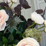Ranunculus, Hydrangea and Eucalyptus in a Dark Brown Frosted Glass Vase