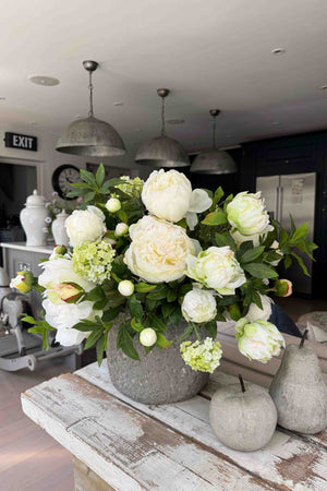 Peony, Viburnum and Bucida in a Rustic Concrete Pot