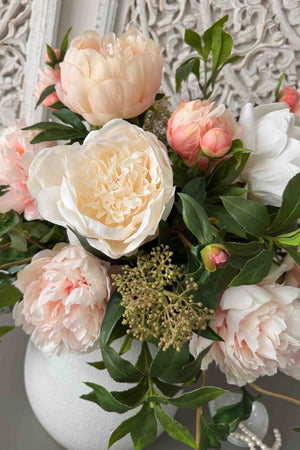 Peony, Skimmia and Bucida in a White Glazed Vase