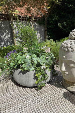 Grasses, Greenery and Waxflower in a Ribbed Grey Bowl