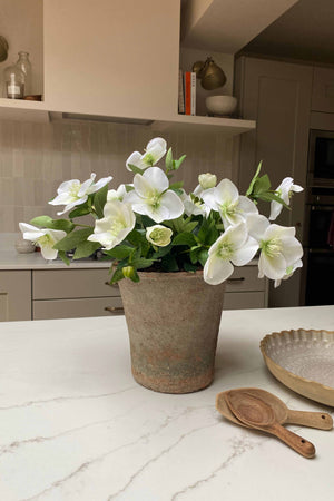 Faux flower bouquet plant on a kitchen counter with a neutral color scheme