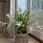 Artificial Grasses and Bell Flower arrangement in a Wicker Basket. Faux flower. Rtfact Flowers