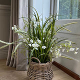 Artificial Grasses and Bell Flower arrangement in a Wicker Basket. Faux flower. Rtfact Flowers