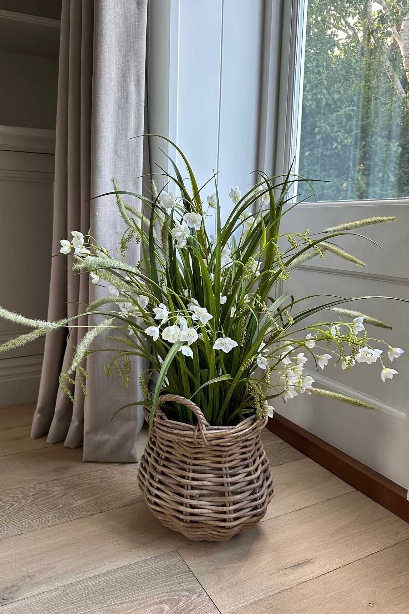 Artificial Grasses and Bell Flower arrangement in a Wicker Basket. Faux flower. Rtfact Flowers