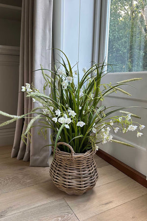 Artificial Grasses and Bell Flower arrangement in a Wicker Basket. Faux flower. Rtfact Flowers