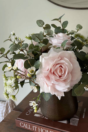 Eucalyptus, Rose and Waxflower in a Bronze Vase (Pink)