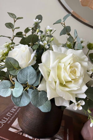 Eucalyptus, Rose and Waxflower in a Bronze Vase (White)