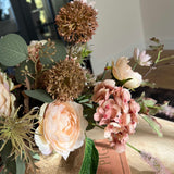 Rose, Echinops and Eucalyptus in a Bronze Vase
