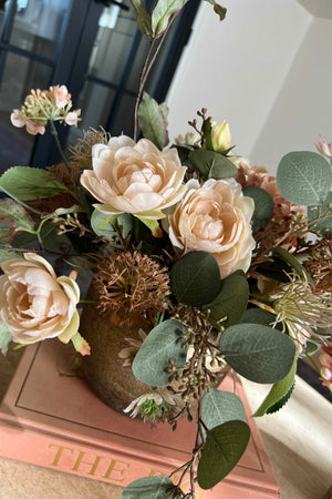 Rose, Echinops and Eucalyptus in a Bronze Vase