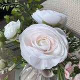 Ranunculus and Larkspur Spray in a Ribbed Glass Vase (Pink)