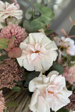Dahlia, Rose and Eucalyptus in a Bronze Ridged Vase