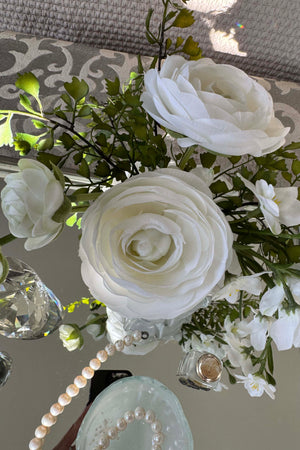 Ranunculus and Larksprum Spray in a Ribbed Glass Vase (White) RTfact Flowers 