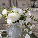 Ranunculus and Larksprum Spray in a Ribbed Glass Vase (White) RTfact Flowers 