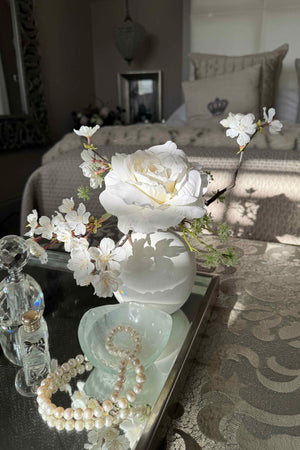 Rose and Blossom in a White Metal Vase (White)