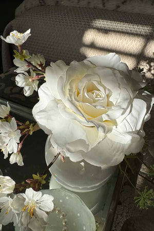 Rose and Blossom in a White Metal Vase (White)