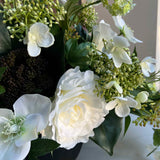 Hellebore, Rose and Queen Anne's Lace in a Black Stone Vase