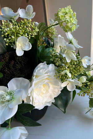 Hellebore, Rose and Queen Anne's Lace in a Black Stone Vase