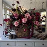 Rose, Anemone and Amaranthus in a Textured Flat Bronze Vase - RTfact Flowers