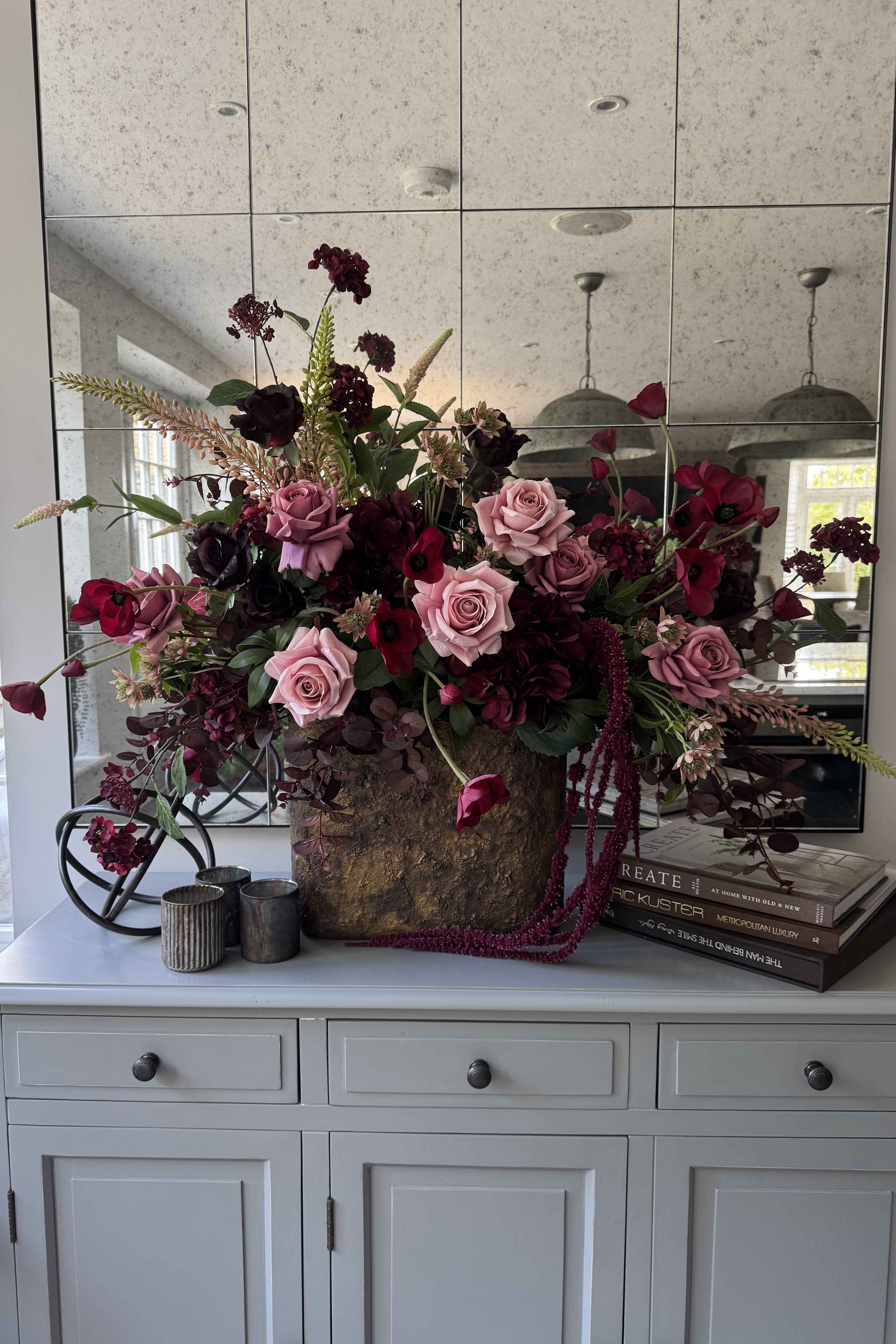 Rose, Anemone and Amaranthus in a Textured Flat Bronze Vase - RTfact Flowers