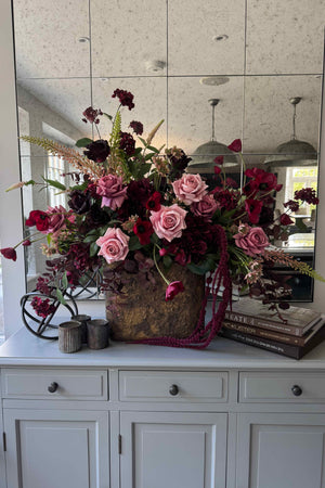 Rose, Anemone and Amaranthus in a Textured Flat Bronze Vase