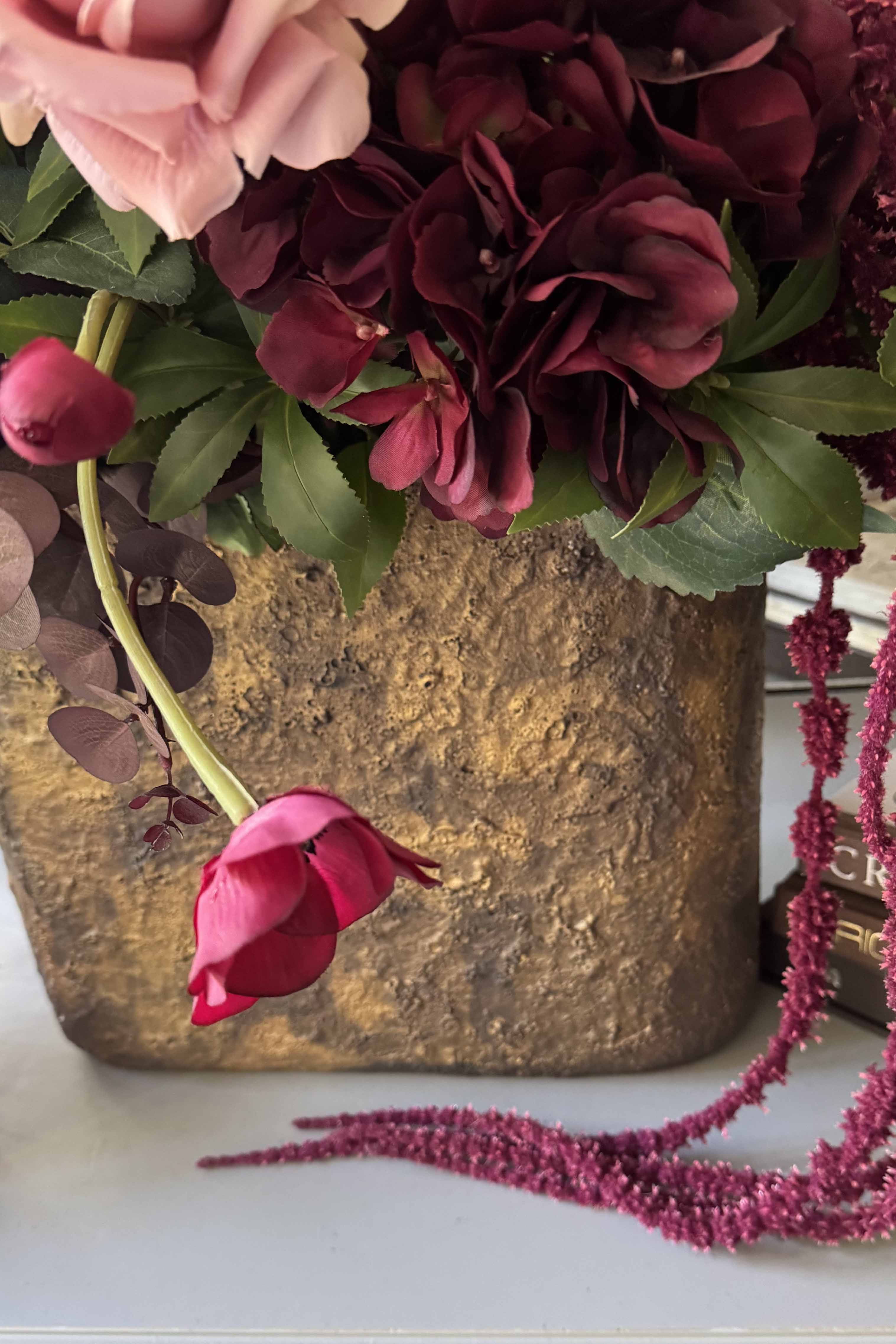 Rose, Anemone and Amaranthus in a Textured Flat Bronze Vase - RTfact Flowers