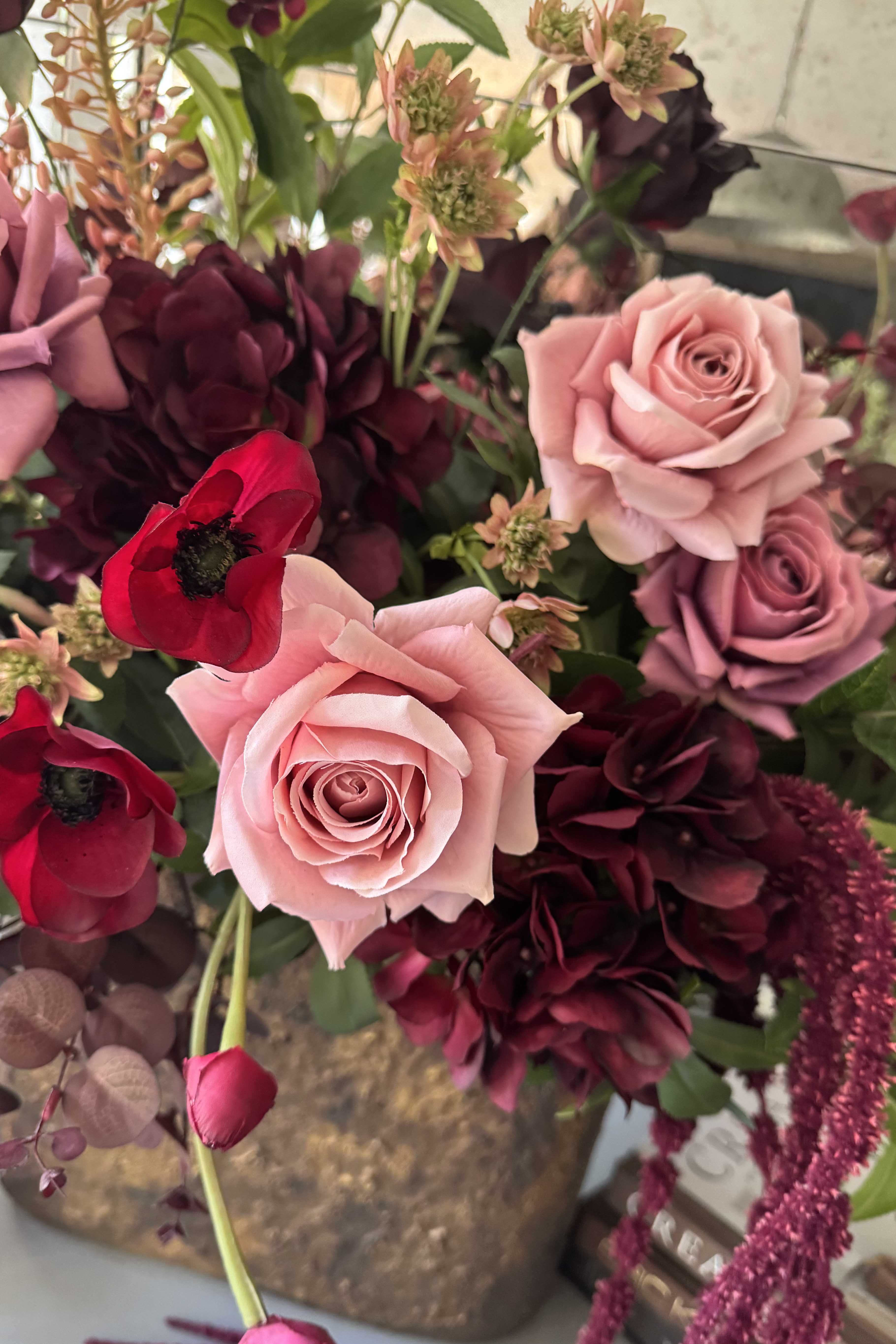 Rose, Anemone and Amaranthus in a Textured Flat Bronze Vase - RTfact Flowers