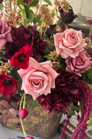Rose, Anemone and Amaranthus in a Textured Flat Bronze Vase