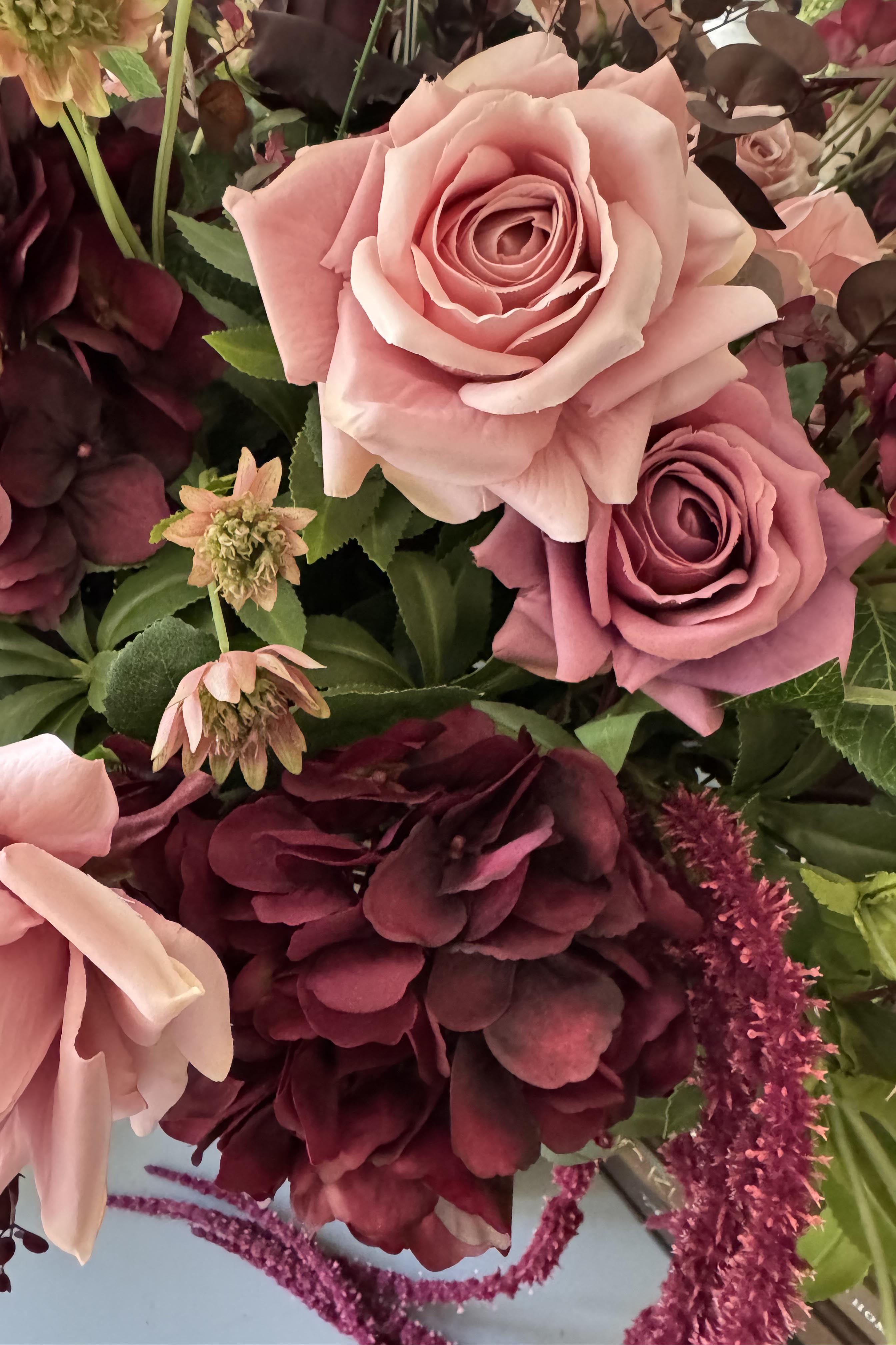 Rose, Anemone and Amaranthus in a Textured Flat Bronze Vase - RTfact Flowers