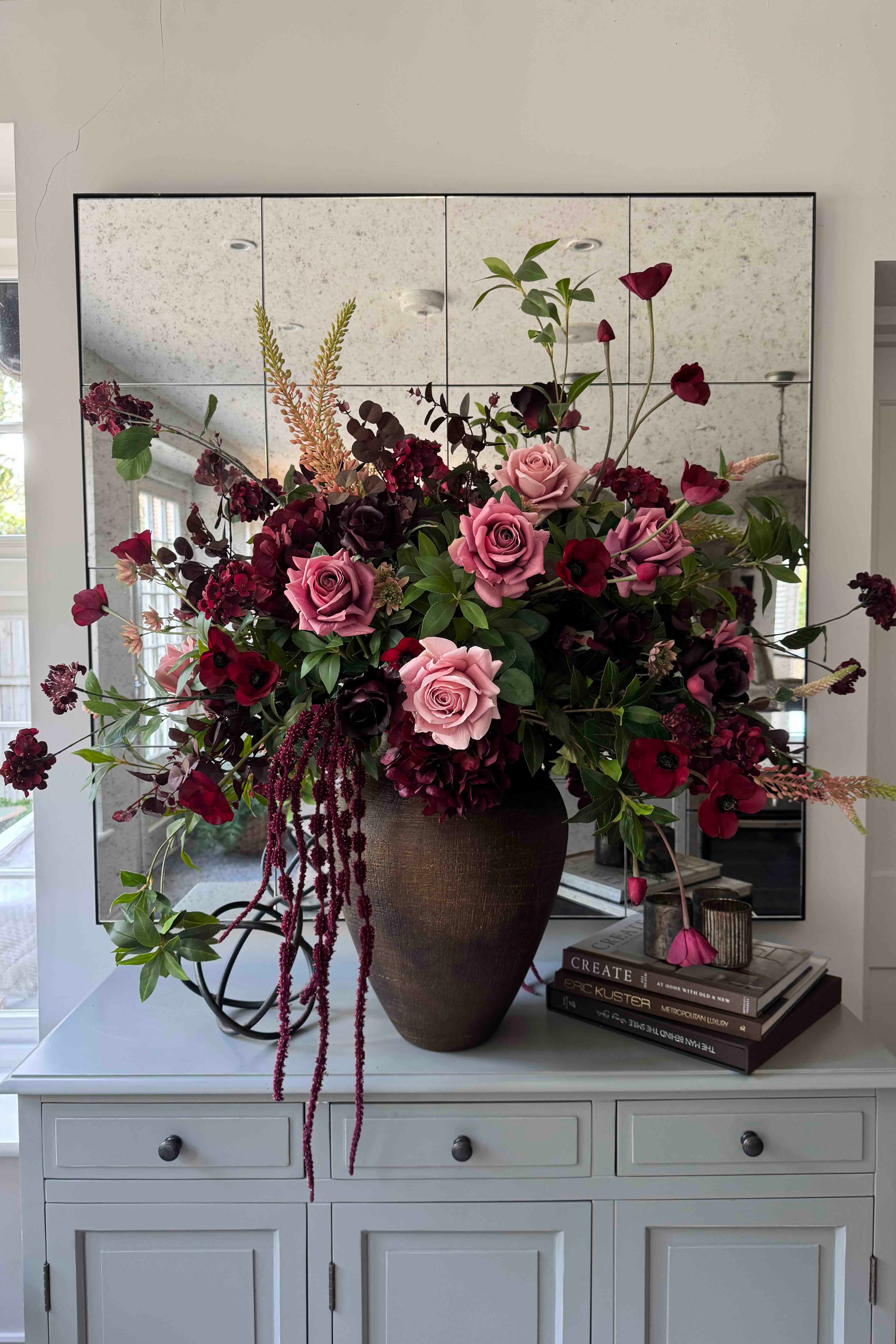 Rose, Anemone and Amaranthus in a Textured Bronze Vase - RTfact Flowers