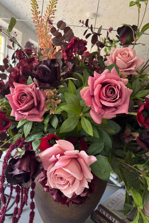 Rose, Anemone and Amaranthus in a Textured Bronze Vase