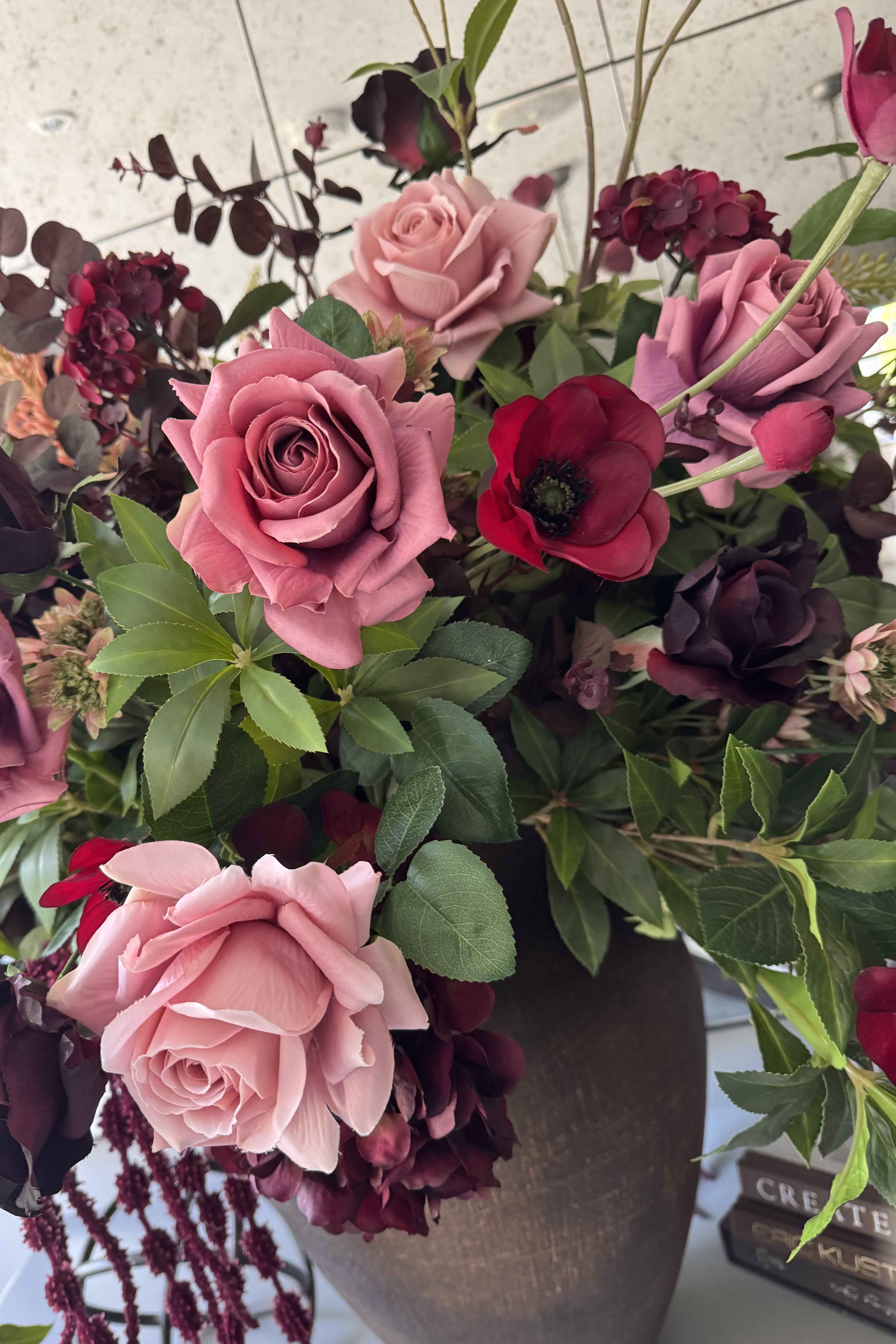 Rose, Anemone and Amaranthus in a Textured Bronze Vase - RTfact Flowers